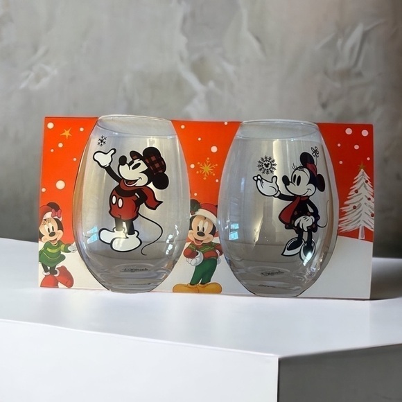 Disney Mickey Minnie Mouse Stemless Glasses Set of 2 NEW Buffalo Plaid - Picture 1 of 6
